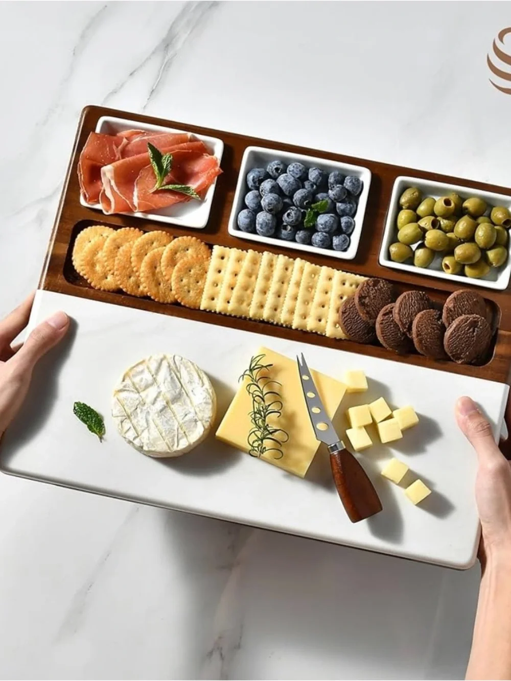 Wood & Marble Cheese Serving Board Set with White Ceramic Dishes